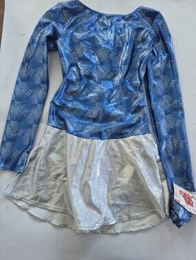 Blue Metallic Long Sleeve Dress Silver Adult Mondor Figure Skating Dress NWT Xl